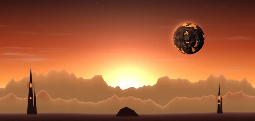 A molten lava world over an orange desert