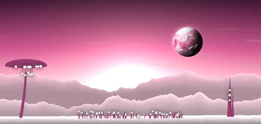 A pink ice world over pale rose mountains