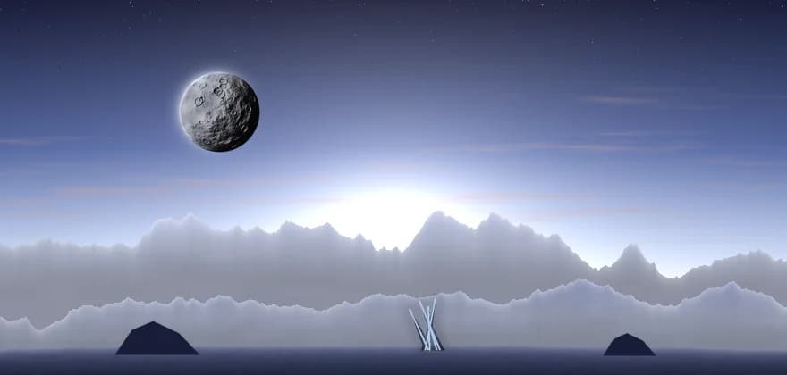 A cratered grey moon over blue-grey hills