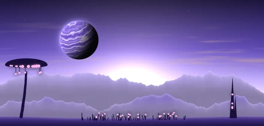 A banded violet gas giant over lavender peaks